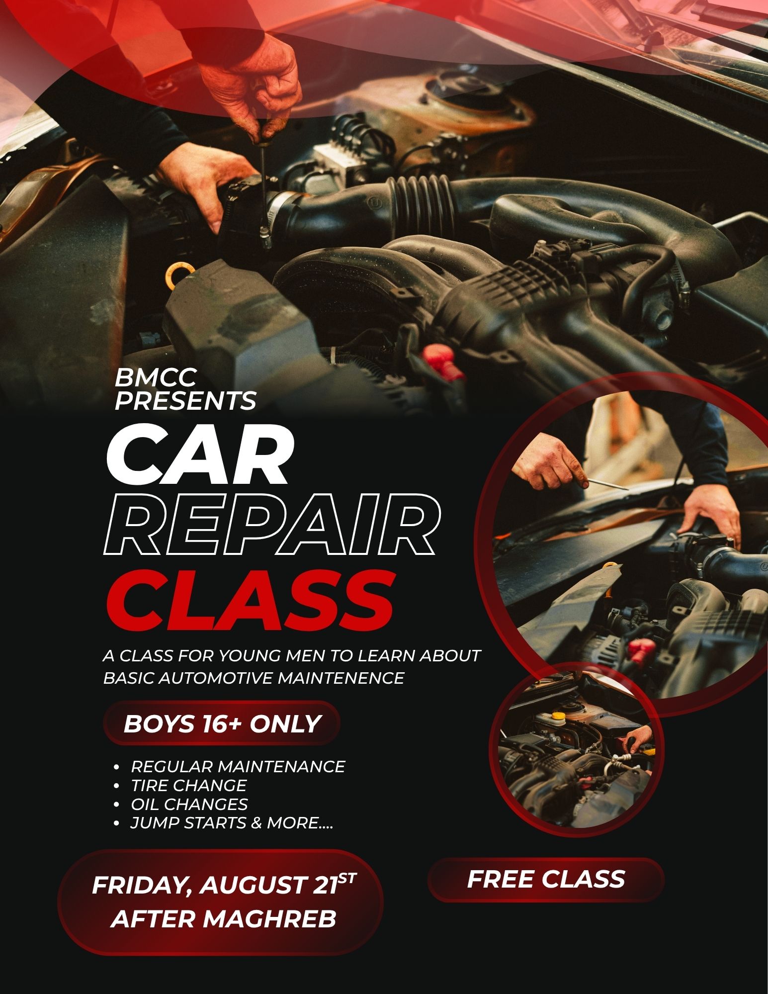 BMCC Car Repair Class flyer — a class for young men to learn basic automotive maintenance. Boys 16+ only. Friday, August 21st after Maghreb. Free class.
